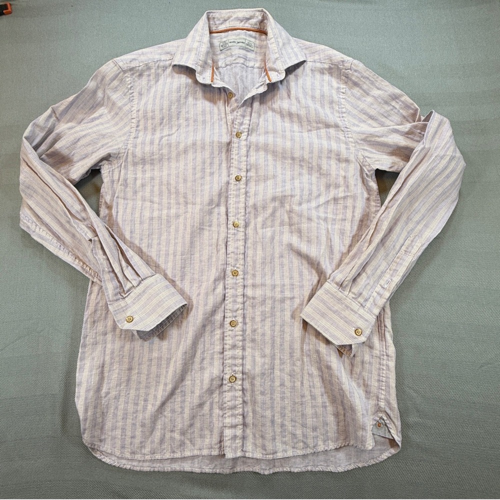 Scott James Mens Medium Striped Button Down Purple White Long Sleeve 15.5 2605